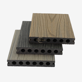 3D houtnerf reliëf composiet WPC-terrasplanken Rond gat Decoratieve WPC-terrasplanken Teakkleur Co-extrusie WPC-vloeren voor loopbrug